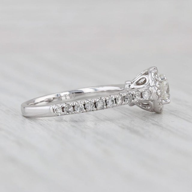 Modern 0.90ctw Round Diamond Halo Engagement Ring 14k White Gold Sz 5.75 Cathedral Band For Sale - Image 3 of 8