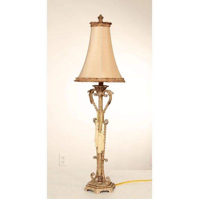Distressed Painted Finish Pair Wrought Iron Table Lamps For Sale - Image 12 of 12