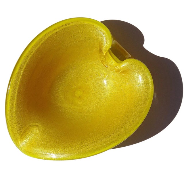 Beautiful vintage Murano hand blown bright yellow and gold flecks Italian art glass heart shaped bowl / vide poche....