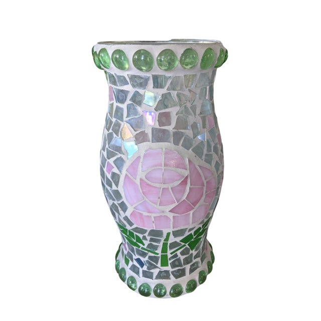 Late 20th Century Vintage Mosaic Glass Rose Flower Glass Hurricanes- A Pair For Sale - Image 5 of 14