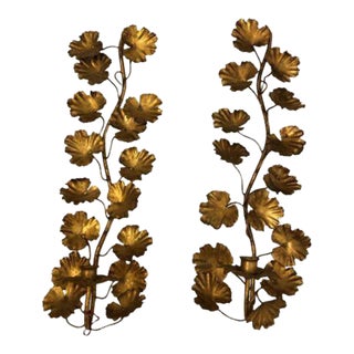 Vintage Pair of Gilded Leafy Candelabra Sconces For Sale