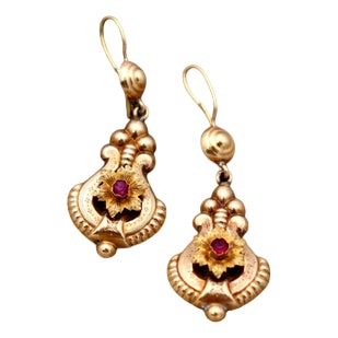 Gold Earrings with Reliefs and Flower-Shaped Applications, Set of 2 For Sale