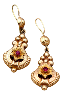 Gold Earrings with Reliefs and Flower-Shaped Applications, Set of 2