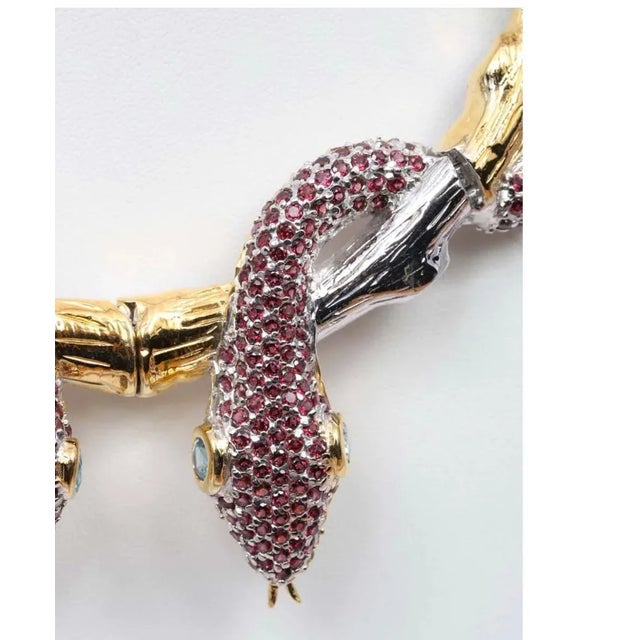 Ruby Red Cleopatra Style Necklace 20 Carat Red Garnet Blue Topaz Sterling Silver Gold Double Snake Branch For Sale - Image 8 of 12