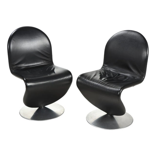 Set of Black Leather Model 1-2-3 Side Chairs by Verner Panton for Fritz Hansen, 1970s For Sale