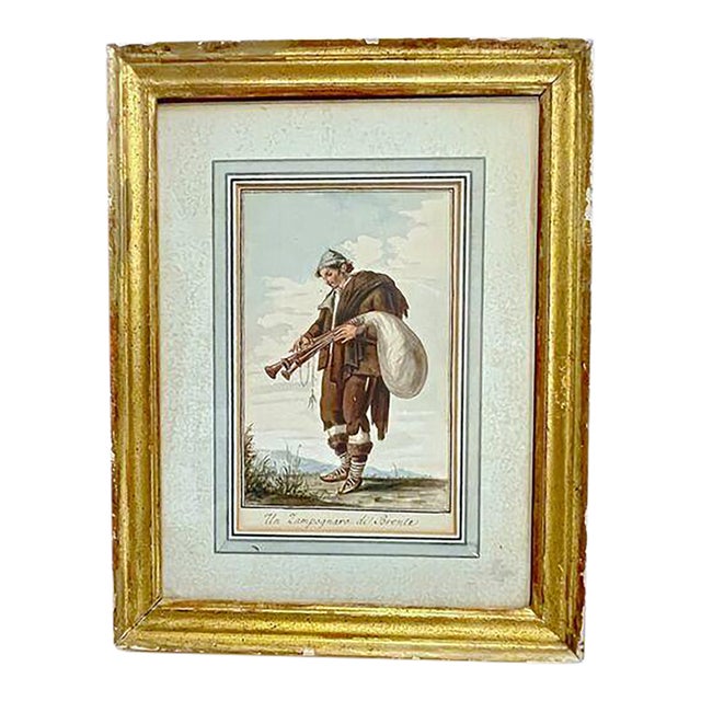 18th C Italian Watercolor of a Bagpiper For Sale