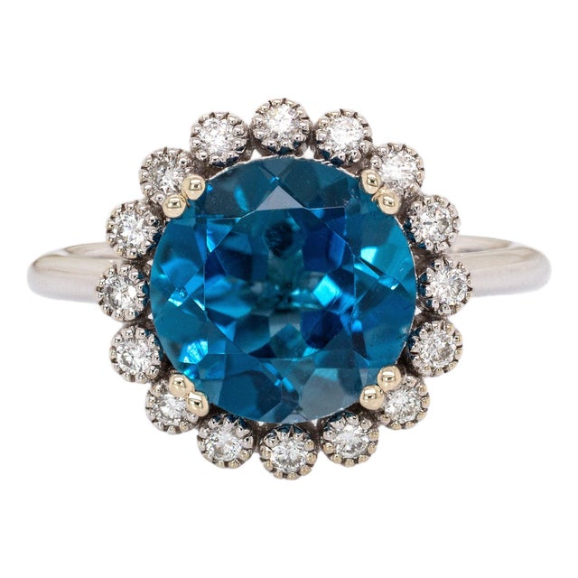 Rossana 14k White Gold London Blue Topaz Diamond Ring | Round 10mm, Size 6.75 For Sale