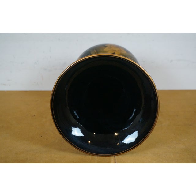Paint Vintage Chinese Black & Gold Lacquered Chinoiserie Lotus Flower Vase For Sale - Image 7 of 10