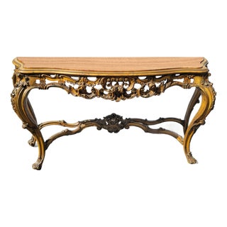 Antique French Rococo Louis XV Ornate Carved Gold Console Table Marble Top For Sale