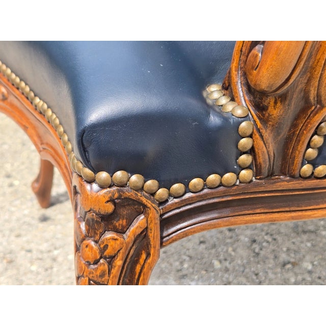 Chateau d'Ax French Bergere Fauteuil Blue Leather Arm Chair For Sale - Image 13 of 18