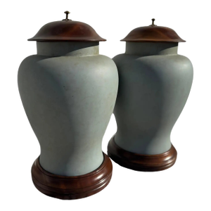 Pair of Wood and Heavy Plastic Urns