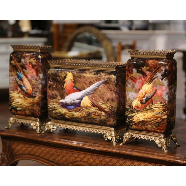 19th Century French Parisian Hand Painted Porcelain and Brass Vases, Set of 3 For Sale In Dallas - Image 6 of 12