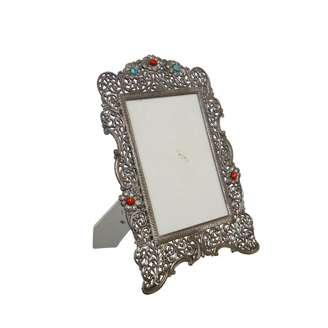 Victorian Vintage .925 Sterling Silver Filigree Picture Photo Frame For Sale - Image 3 of 12