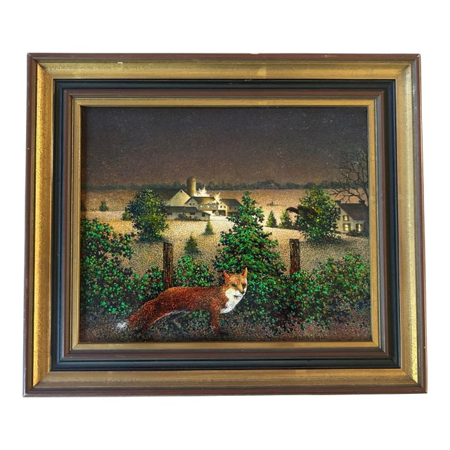 Vintage Original Oil Painting on Wood Panel of a Fox in Farm Landscape For Sale