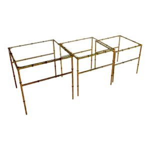 Set of 3 Nesting Glass Top Faux Bamboo Gilt Metal End Side Stacking Tables
