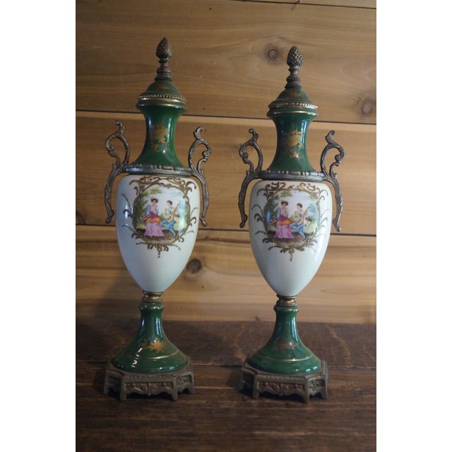 Ceramic Early 20th Century French Sevres Style Porcelain and Bronze Mantle Urns - A Pair For Sale - Image 7 of 13