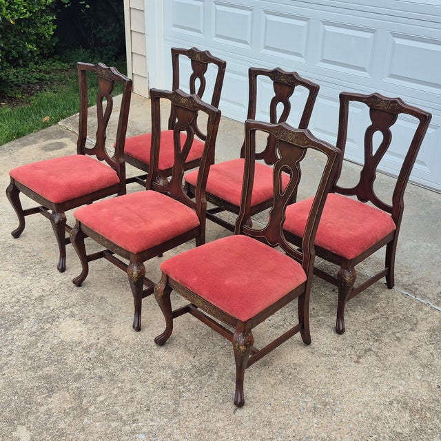 Mid-20th Century Lane Rustic Floral Paint Decorated Walnut Dining Chairs, Set of 6 For Sale - Image 10 of 18