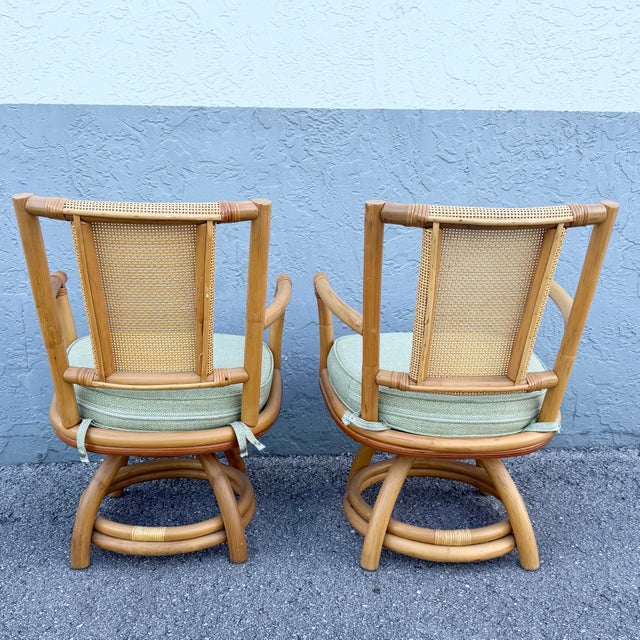 Boho Chic Rattan Cane Back Swivel Dining Arm Chairs - Set of 4 For Sale In West Palm - Image 6 of 9