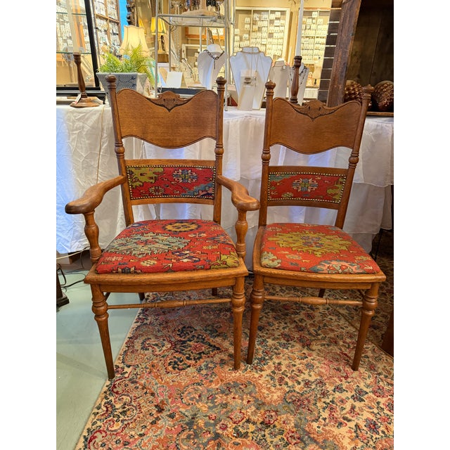 Traditional Set of Six, Antique, Oak Dining Chairs Covered With Ralph Lauren Kilim Fabric, Early 1900s For Sale - Image 3 of 11