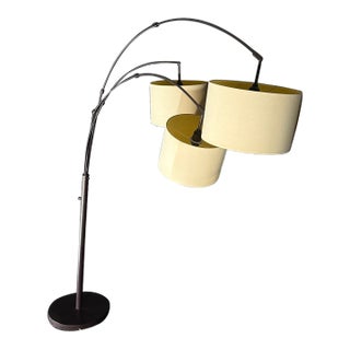 Modern Black Three-Light Arc Floor Lamp With Drum Shades For Sale