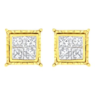 14K Yellow Gold 1.0 Cttw Invisible Set Princess-Cut Diamond Composite 8 Stone Stud Earrings, A Pair For Sale
