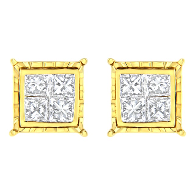 14K Yellow Gold 1.0 Cttw Invisible Set Princess-Cut Diamond Composite 8 Stone Stud Earrings, A Pair For Sale