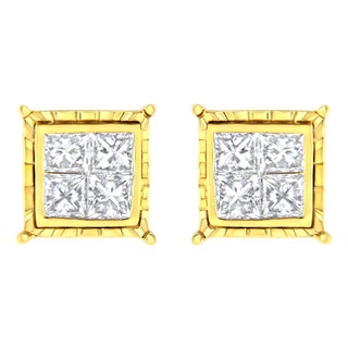 14K Yellow Gold 1.0 Cttw Invisible Set Princess-Cut Diamond Composite 8 Stone Stud Earrings (I-J Color, SI1-SI2 Clarity) For Sale