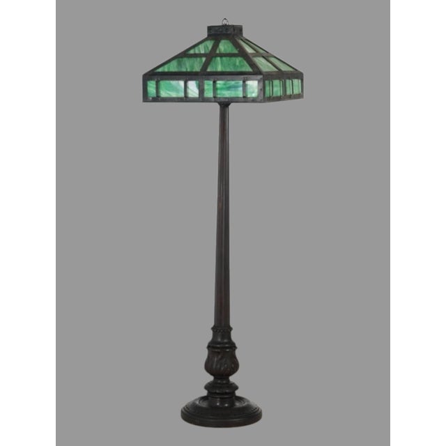 Early 20th Century Mission Arts & Crafts Style Metal Framed Slag Glass Floor Lamp Carved Wood Base For Sale - Image 6 of 10
