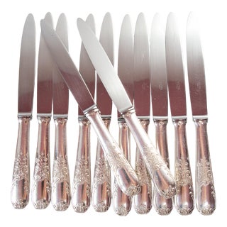 Louis XV Style French Silver-Plated Metal and Stainless Steel Knives, 1940s, Set of 12 For Sale
