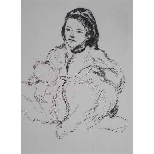 Lucien Mainssieux, Crouching Moroccan Woman, Original Signed Etching, 1949 For Sale