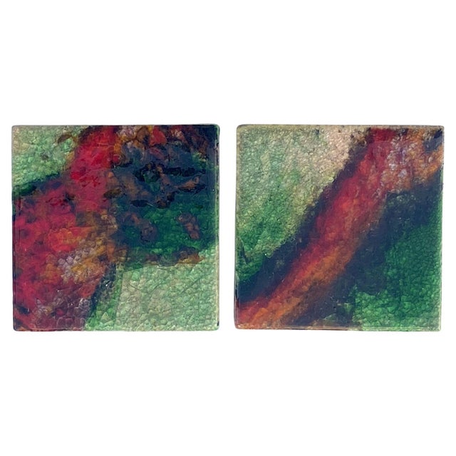 Brutalist Square Ceramic Art Tiles with Multi Color Bright Glazes, 1970s, Set of 4 For Sale - Image 3 of 13