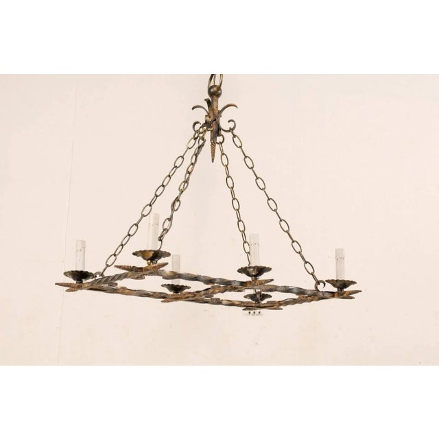 Metal French Vintage Rectangular Six-Light Iron Chandelier Brushed in Gold Color For Sale - Image 7 of 10
