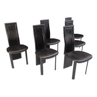 High Back Leather Dining Chairs, 1980s, Set of 6 For Sale