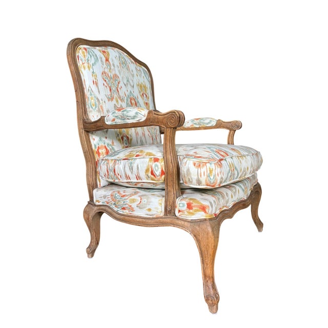 French Provincial Louis XV-Style French Provincial Fauteuil in Custom Ikat Upholstery For Sale - Image 3 of 18