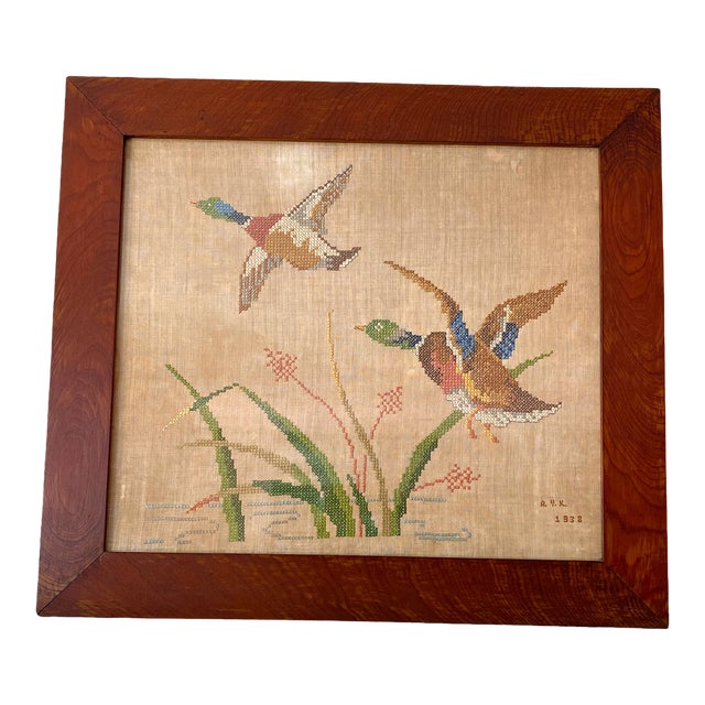 Large Framed 1930s Needlepoint Cross Stitch Mallards in Flight on Linen in Hand Made Oak Frame For Sale