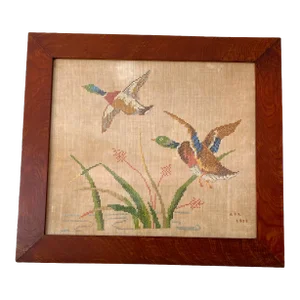 Large Framed 1930s Needlepoint Cross Stitch Mallards in Flight on Linen in Hand Made Oak Frame