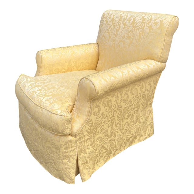 Nancy Corzine Alistair English Roll Arm Lounge Club Chair in Yellow Matelasse Fabric.