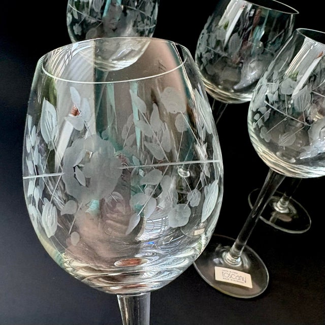 Vintage Toscany Hand Blown Wine Glasses Set of 5 – Romanian Mid-Century Floral Cut Crystal Stemware - Toy57 Pattern For Sale In Miami - Image 6 of 8