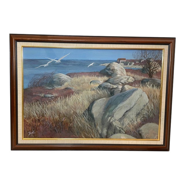 Vintage Original Realism Ziol Nautical Coast Shore House Seagull Oil Painting For Sale