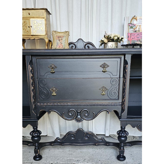 Vintage Sideboard Buffet, Jacobean Style, Circa 1930's Black Buffet Cabinet For Sale - Image 9 of 10