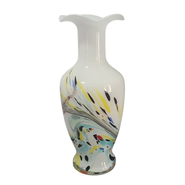 Vintage Murano Attributed Multi-Color Art Glass Scalloped Edge Hand-Blown Vase For Sale - Image 9 of 9