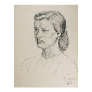 Vintage 1950 Charcoal Portrait Drawing Woman For Sale