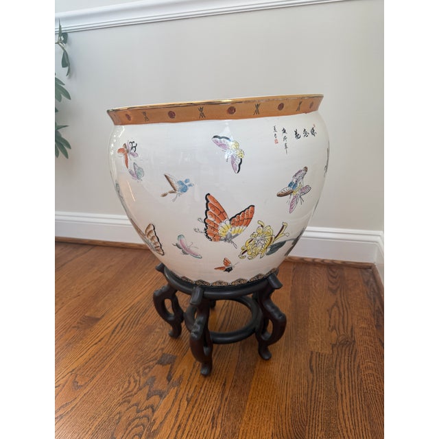 Wood Vintage Mid-20th Century Large Chinese Ceramic Fish Bowl Planter For Sale - Image 7 of 15