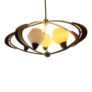 Vintage Mid-Century Modern 5-Light Walnut & Brass Chandelier With Opaline Glass Shades For Sale
