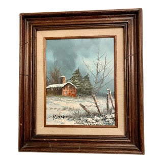 Vintage 70s Rozario Art Painting Winter Landscape Oil Painting on Board "Barn in the Snow" For Sale