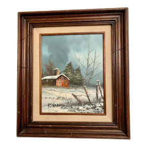 Vintage 70s Rozario Art Painting Winter Landscape Oil Painting on Board "Barn in the Snow"