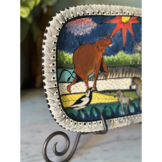 Vintage 2005 Signed Penzo Zimbabwe African Wildlife Ceramic Platter A large, collectible hand-painted studio art pottery...