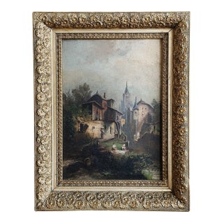 Antique Rustic European Oil Painting For Sale