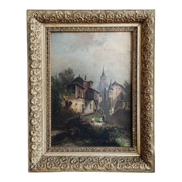 Antique Rustic European Oil Painting For Sale