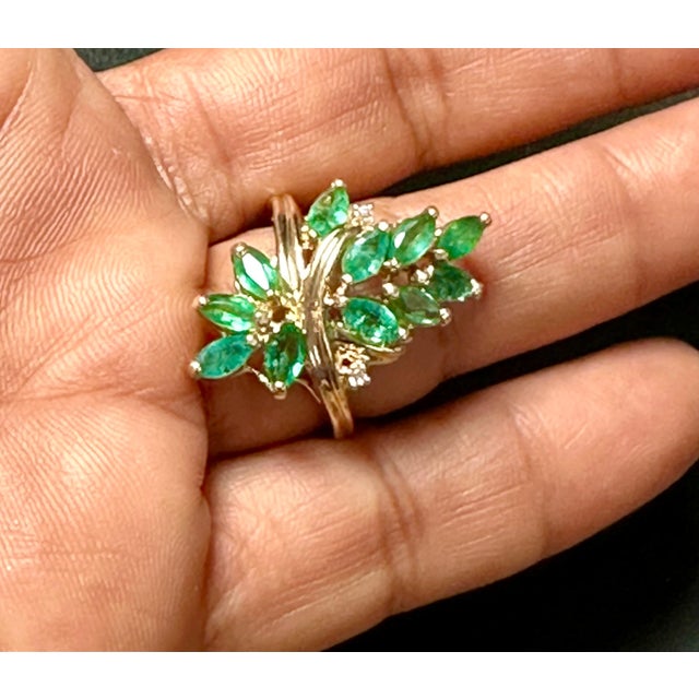 Metal 1.5 Ct Natural Emerald, Marquise Stone and 2 Diamond Ring 14 Karat Yellow Gold For Sale - Image 7 of 18